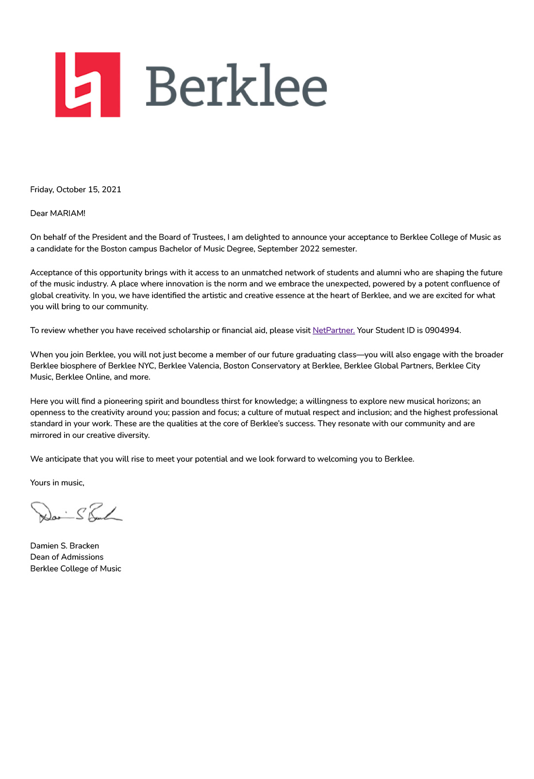 Carta de admisión en Berklee de Mariam Pichó